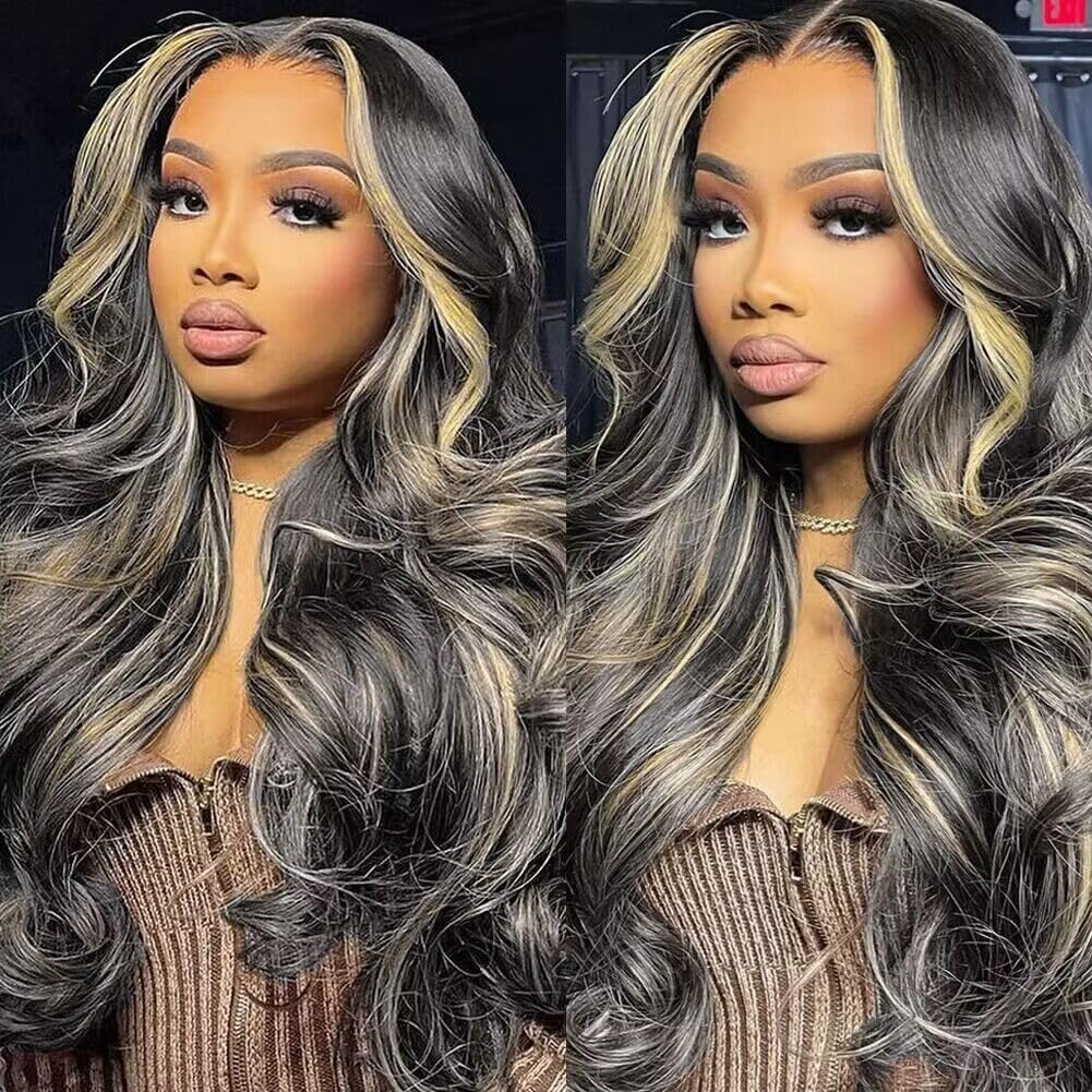 QUANDIAN 28 Inch Balayage Highlight Lace Front Wig front view showcasing dimensional honey blonde waves.