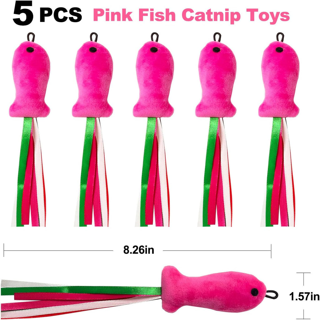Pink plush fish chew toys for kittens featuring colorful ribbon tails
