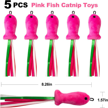 Pink plush fish chew toys for kittens featuring colorful ribbon tails