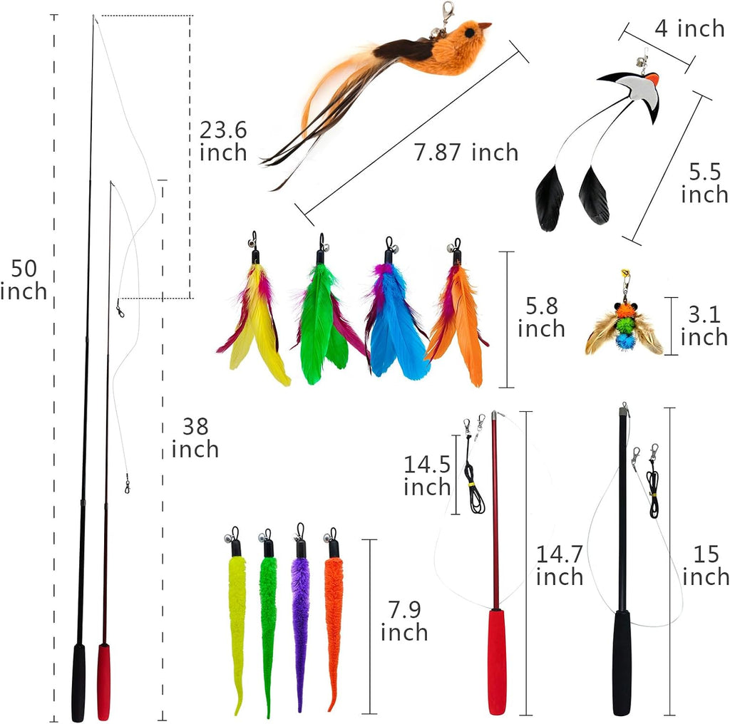 Eleven interchangeable cat teaser attachments including fuzzy worms and realistic plush bird refill.