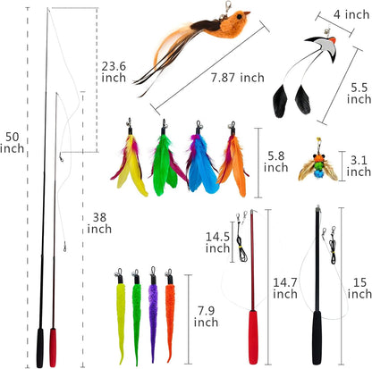 Eleven interchangeable cat teaser attachments including fuzzy worms and realistic plush bird refill.