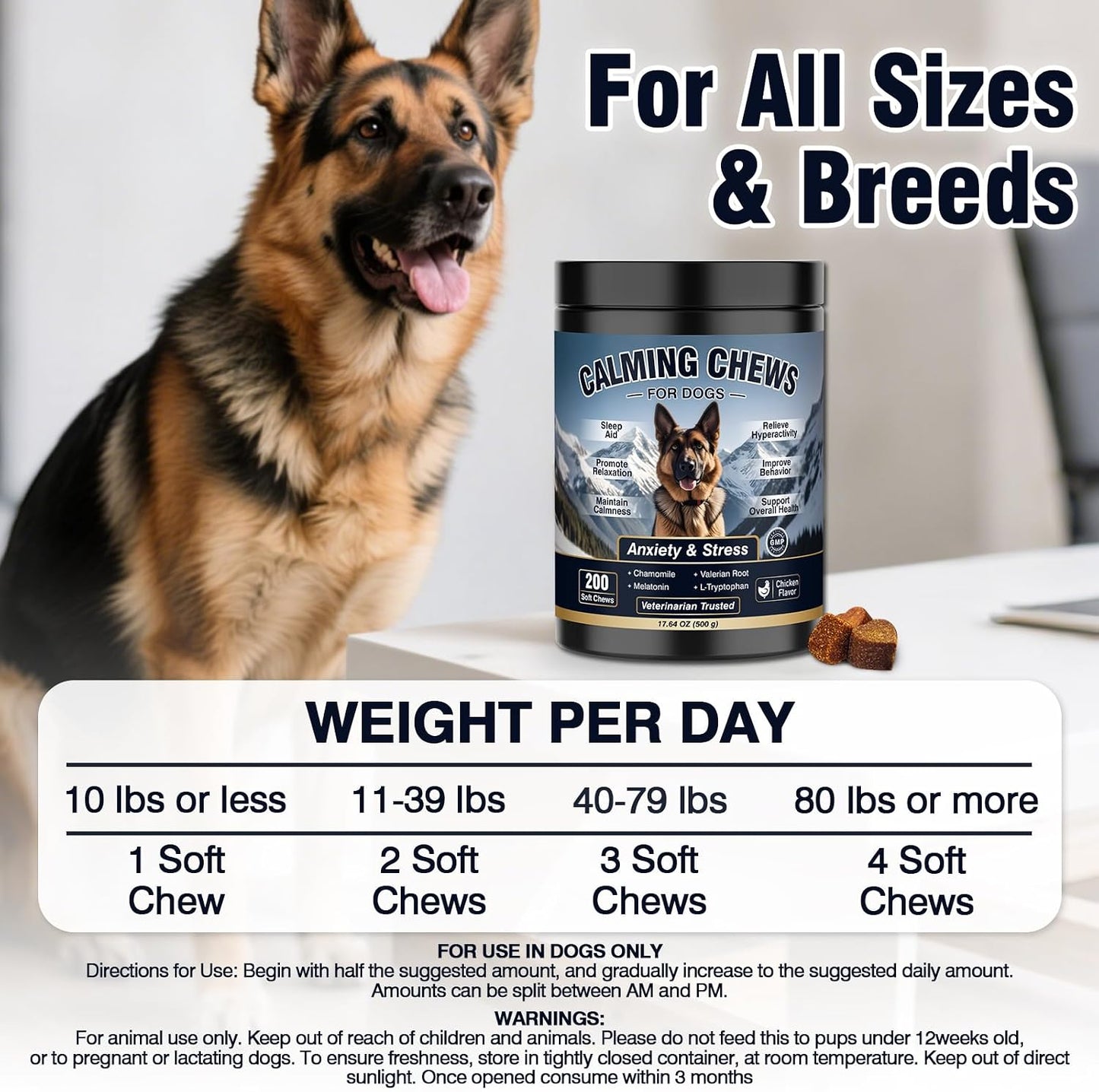 Close up of 200 count pet sleep aid supplements bottle showing dosage instructions.