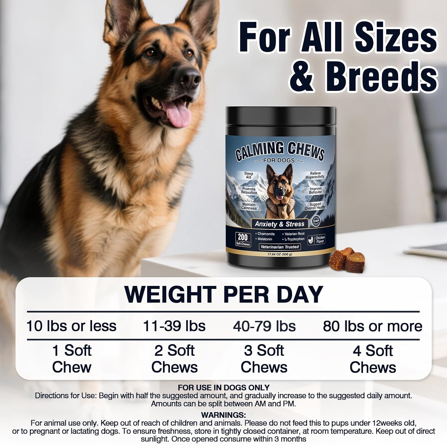 Close up of 200 count pet sleep aid supplements bottle showing dosage instructions.