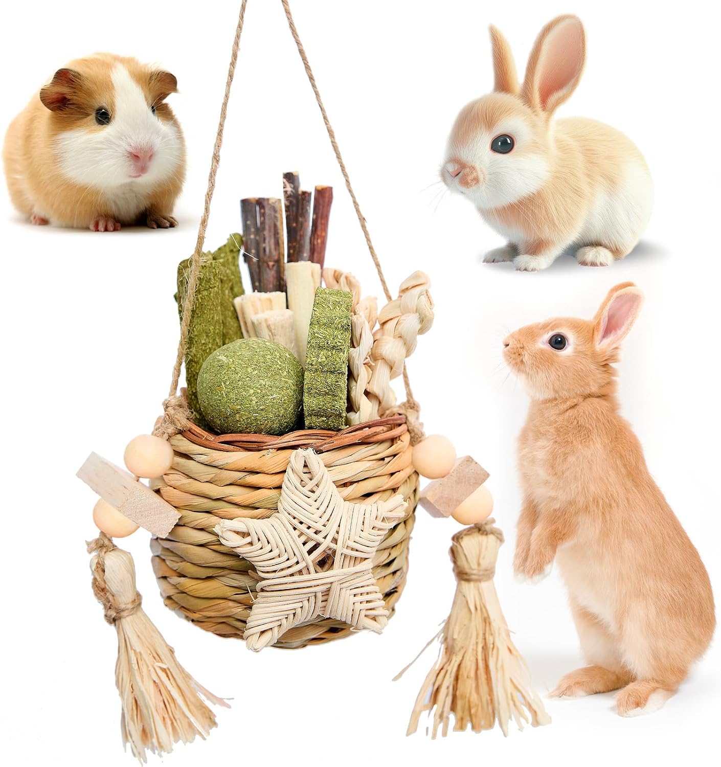 Jorewood Natural Reedgrass Chew Toy Basket front view showing hanging small animal treats