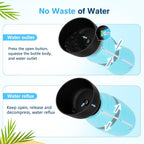 Pecute 2 in 1 dog water bottle being squeezed with one hand to fill the attached blue bowl.