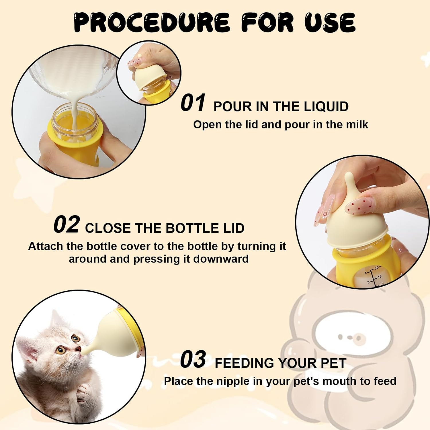 Lenpestia small animal milk feeding bottle showing food-grade flexible silicone material.