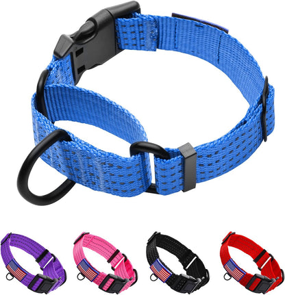 Luckydc martingale dog training collar front view in vibrant blue color.