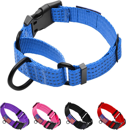 Luckydc martingale dog training collar front view in vibrant blue color.
