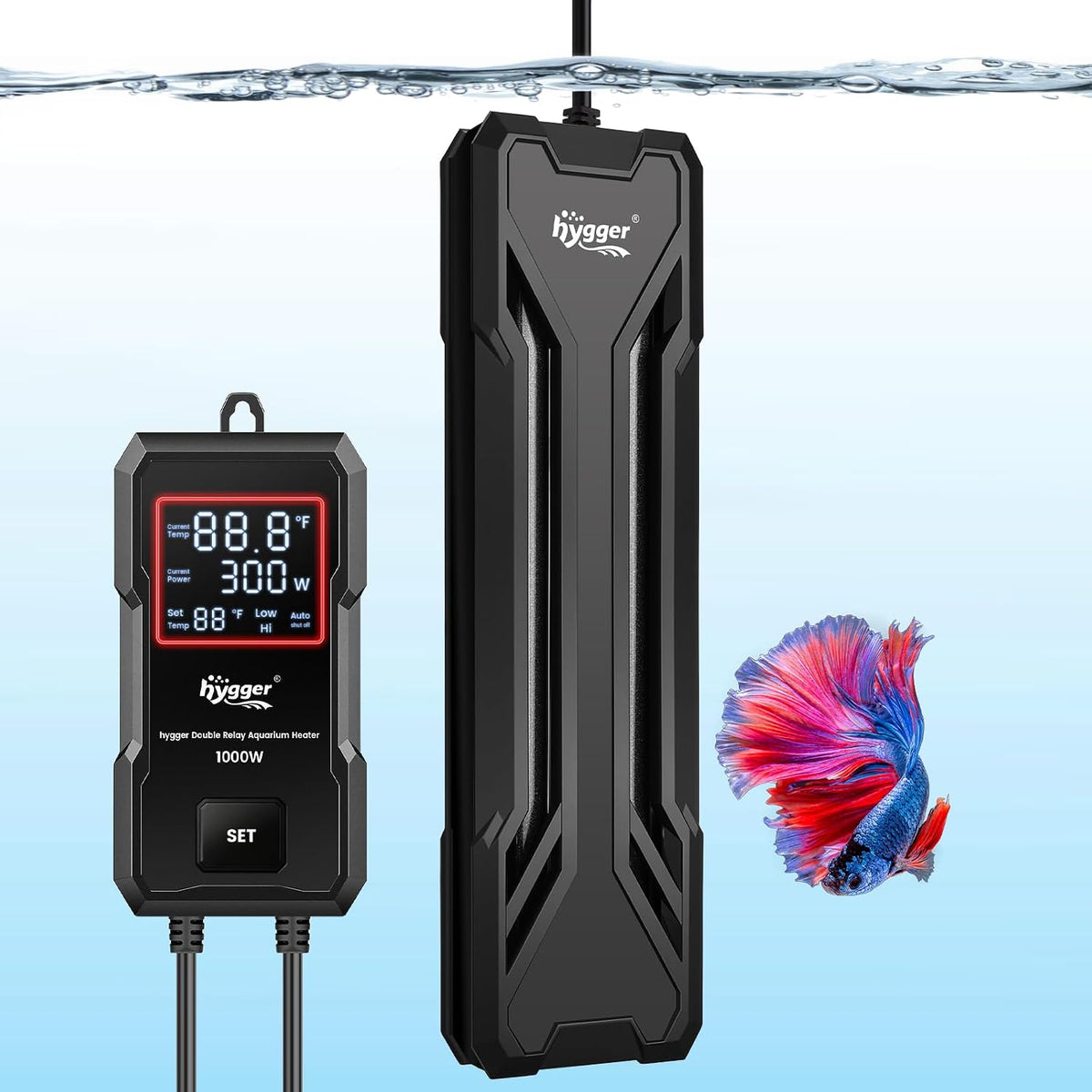 Hygger 300 Watt Submersible Aquarium Heater front view with external digital controller