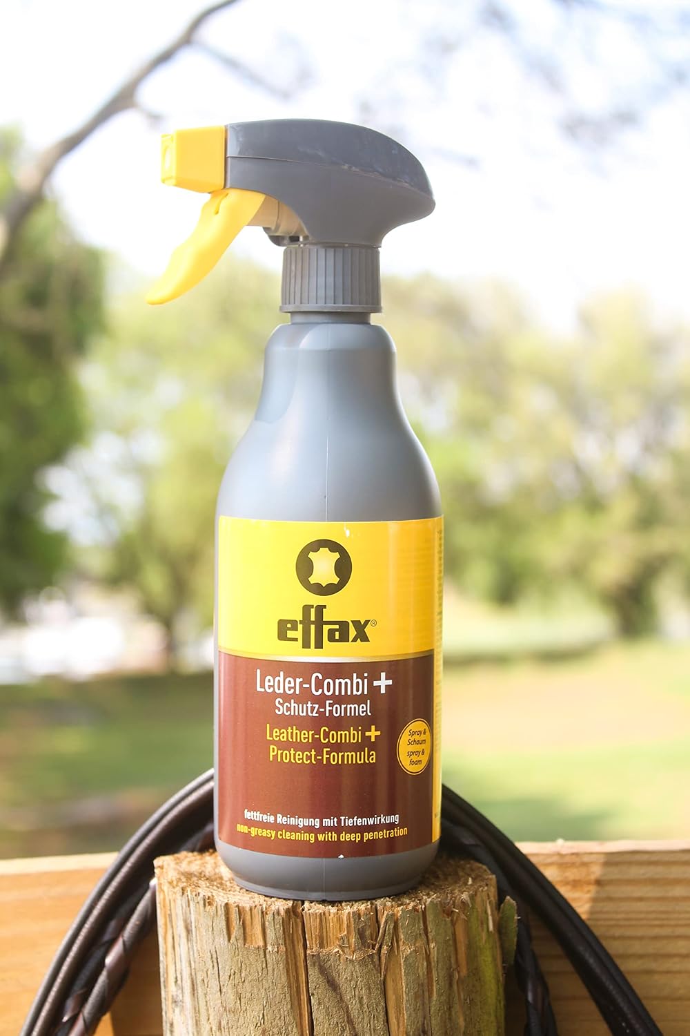 Authentic imported leather tack cleaner bottle showing premium protect formula benefits
