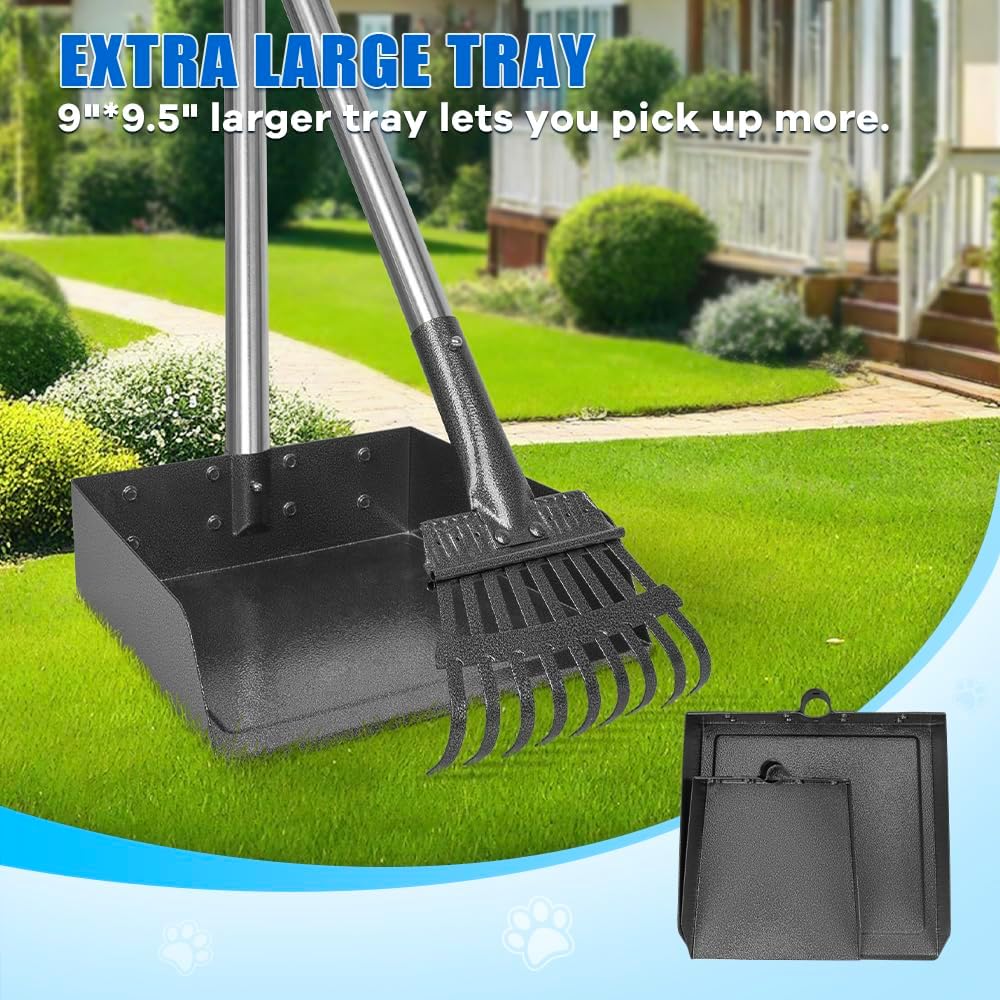 Extended long handle pet waste picker showing ergonomic green comfort grips.