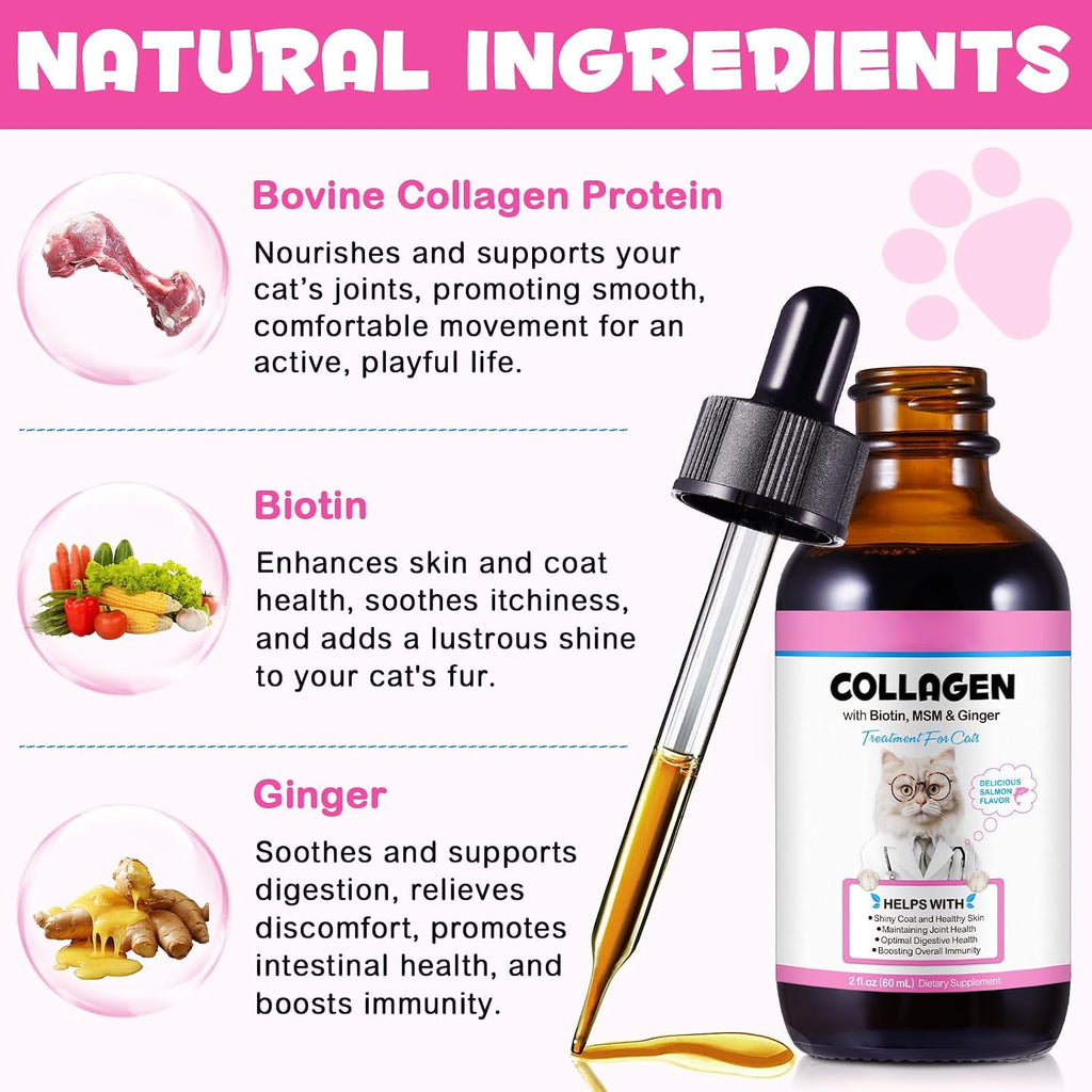 Close up of Vosifsdiy cat collagen drops with glass dropper showing salmon liquid