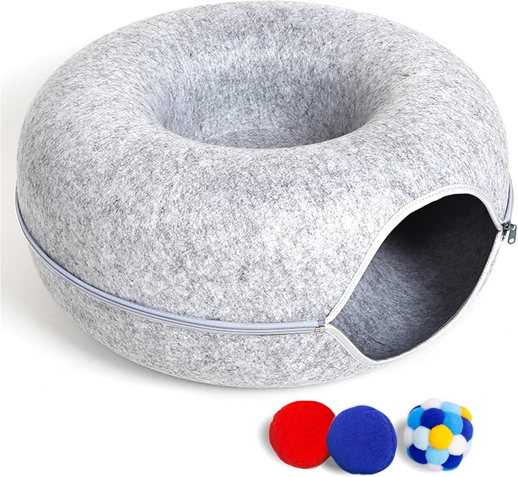 Large Cat Tunnel Bed for Indoor Cats with 3 Toys, Scratch Resistant Donut Cat Bed, Up to 30 Lbs (L 24x24x11, Dark Grey) - Image 9