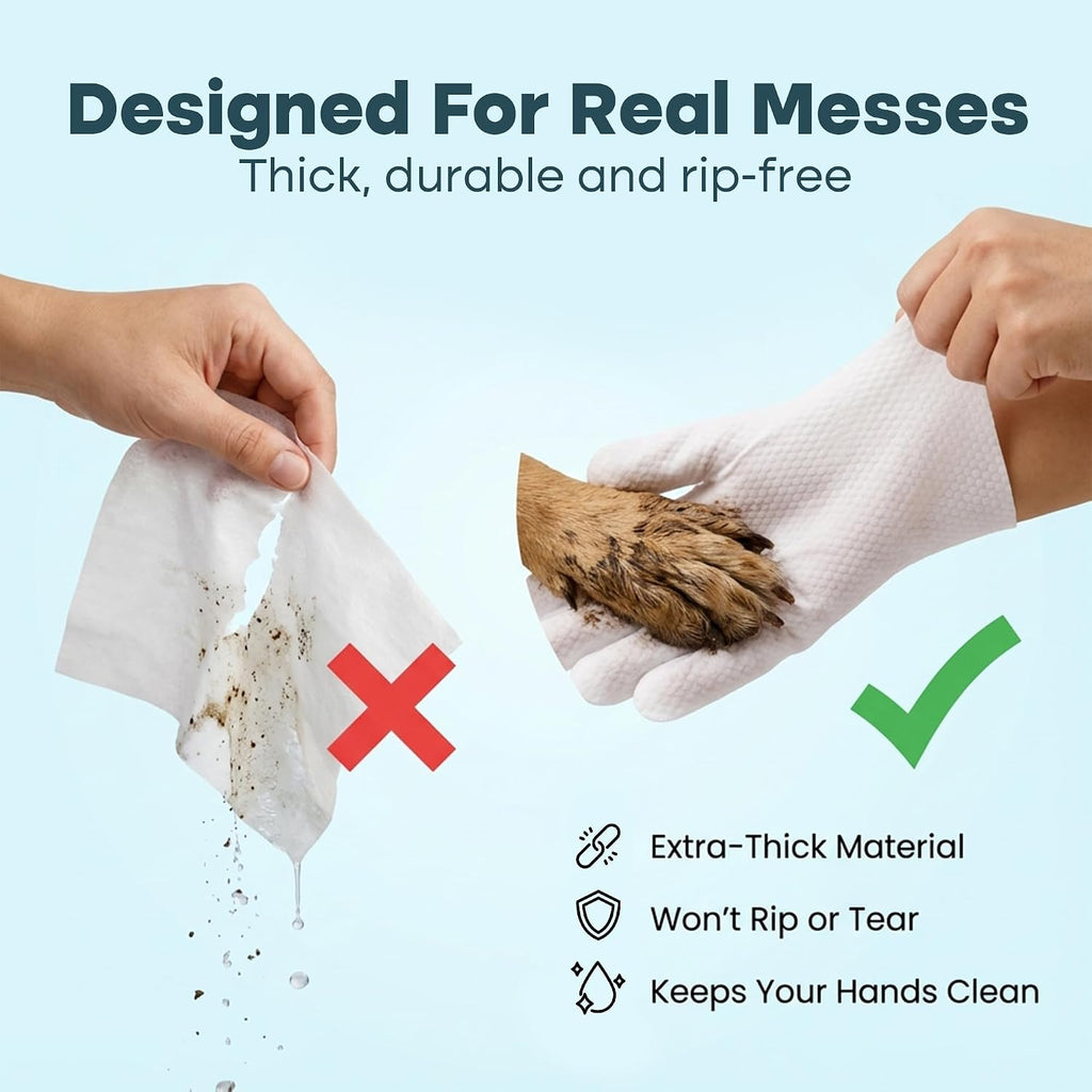 Uproot Clean pet glove wipes being used to clean a dog's muddy paws safely.