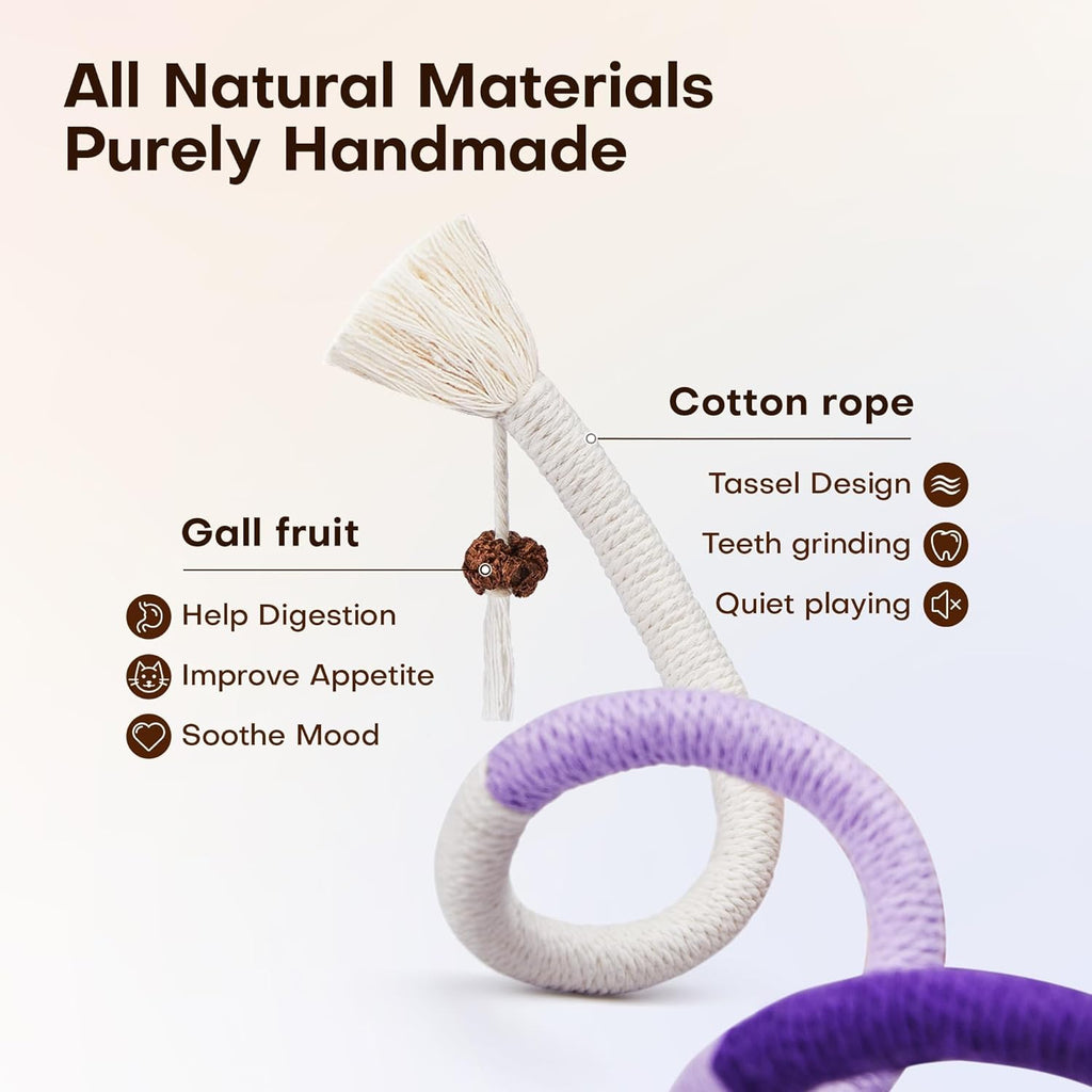 Cat playing with Potaroma rope toy showing safe dental design