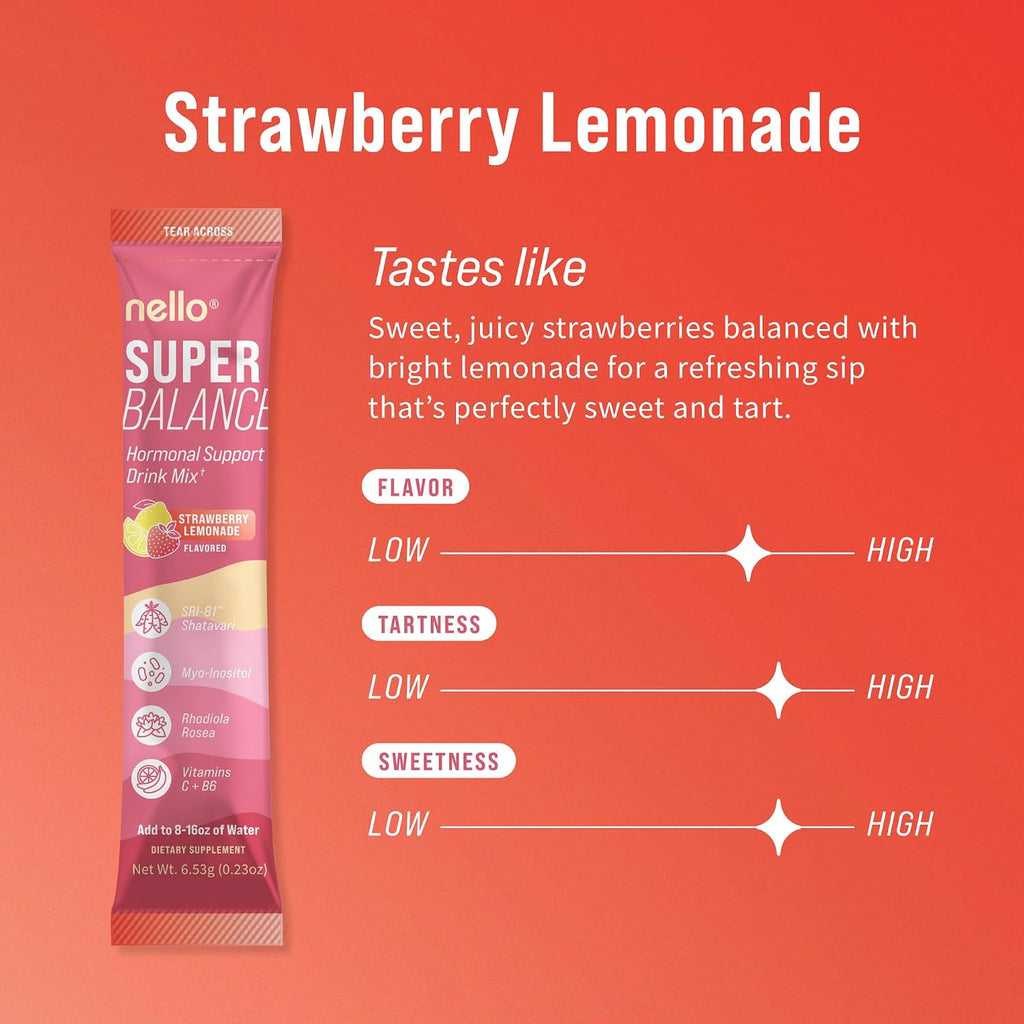Nello Superbalance Hormonal Support Drink Mix, SRI-81 Shatavari, Myo-Inositol, Rhodiola Rosea, Vitamin C, Magnesium, Theobromine (20 Servings, Strawberry Lemonade) - Image 2