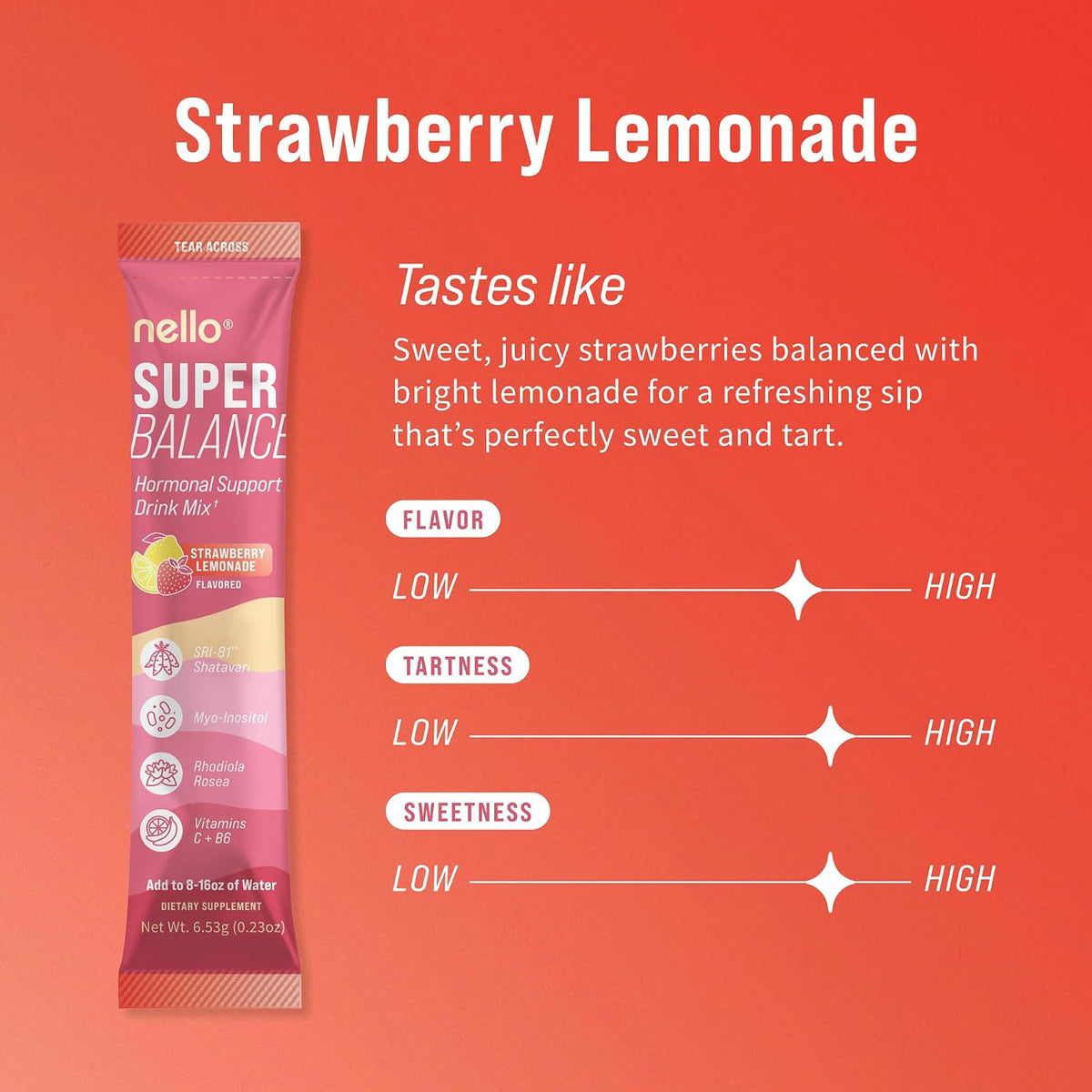 Nello Superbalance Hormonal Support Drink Mix, SRI-81 Shatavari, Myo-Inositol, Rhodiola Rosea, Vitamin C, Magnesium, Theobromine (20 Servings, Strawberry Lemonade) - Image 2