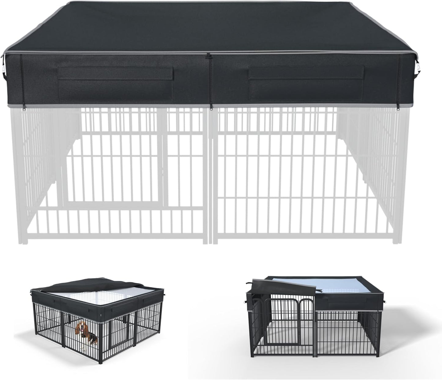 TBNO Dog Playpen Cover front view showing heavy duty 1680D Oxford fabric installed on an eight panel outdoor pet enclosure.