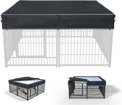 TBNO Dog Playpen Cover front view showing heavy duty 1680D Oxford fabric installed on an eight panel outdoor pet enclosure.