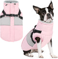 SUNFURA dog winter coat front view showing the vibrant pink color and high furry turtleneck collar design.