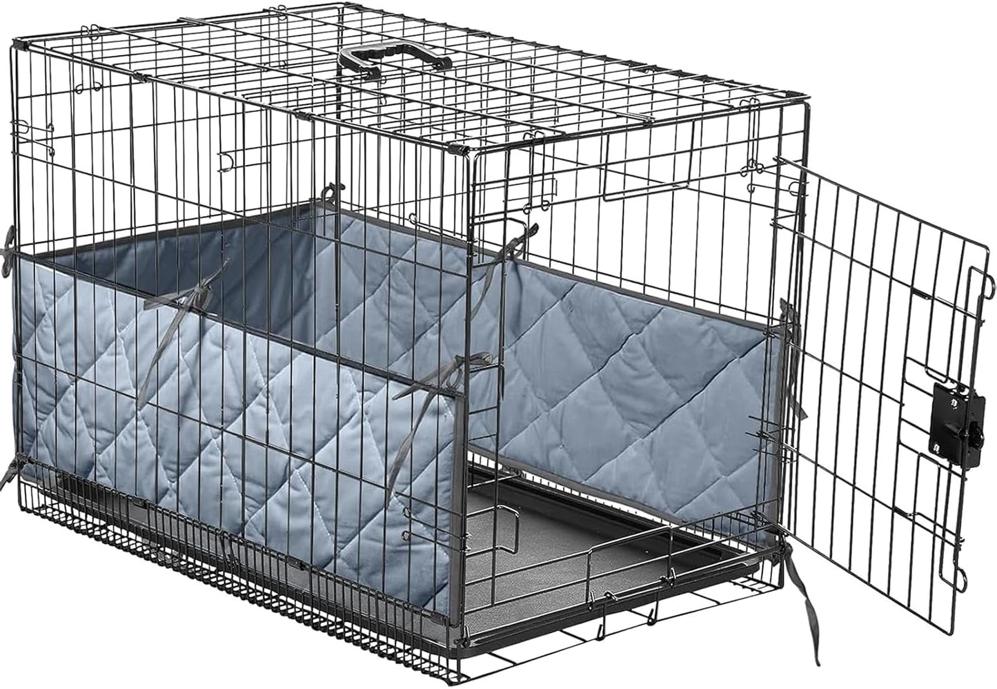 Grey dog crate bumper with ties installed inside a wire kennel