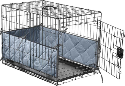 Grey dog crate bumper with ties installed inside a wire kennel