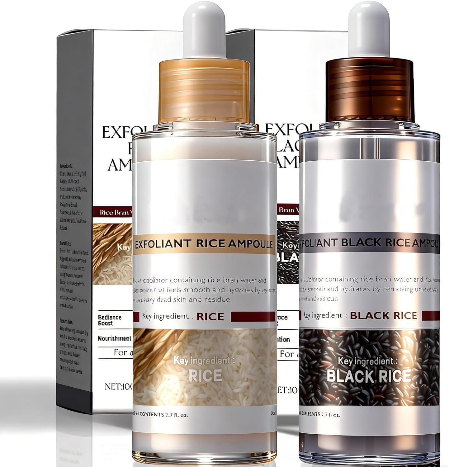 Ipsify Rice Peel Shot Glow Ampoule Duo front packaging view showing both white and black rice formulas for gentle exfoliation.