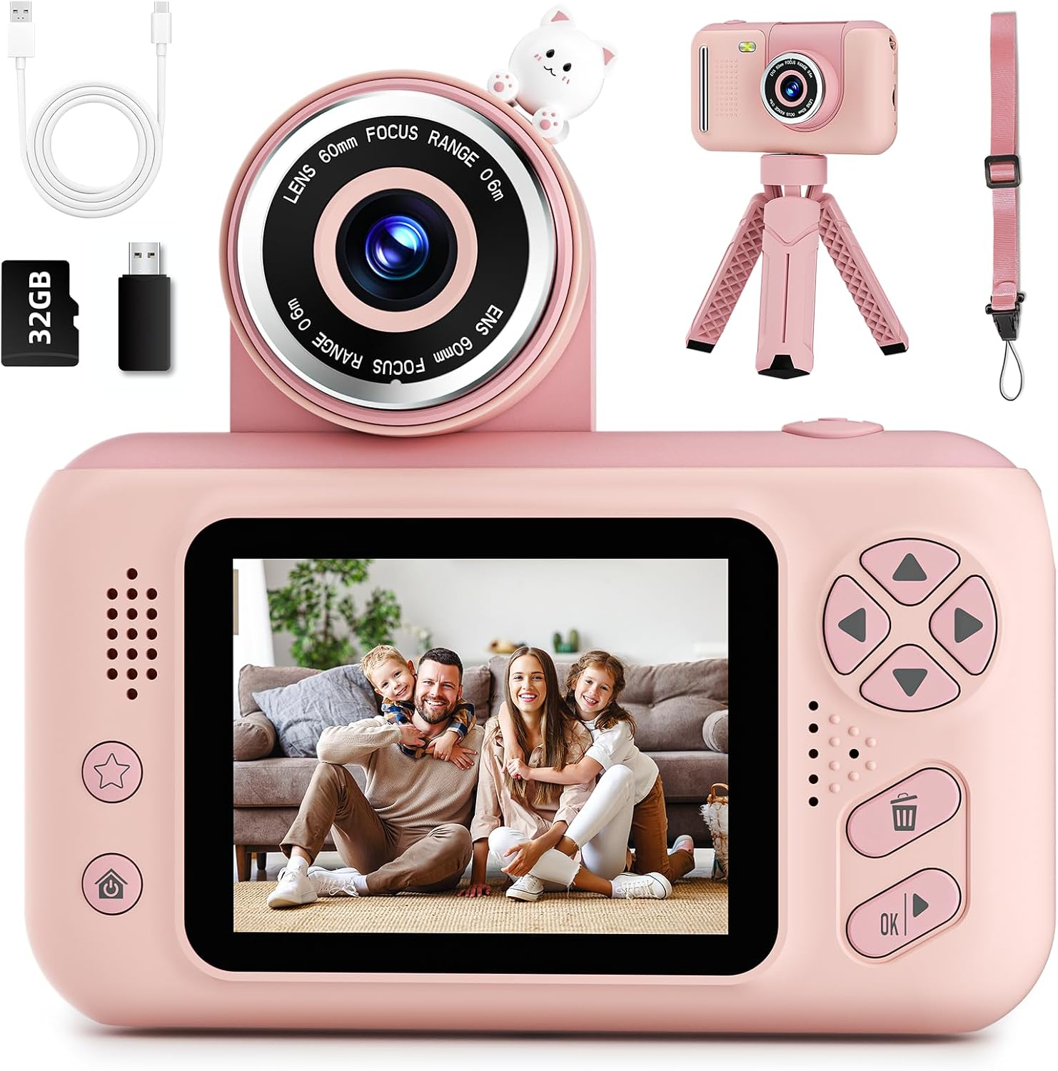 Makolle Rawrr kids selfie camera front view in pink showing the flip up lens extended