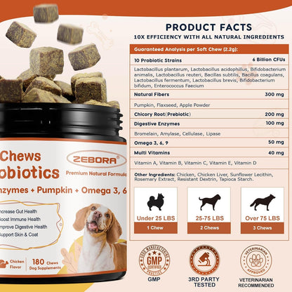 Zebora dog gut health supplement chews with pumpkin and fish oil for itchy skin relief.