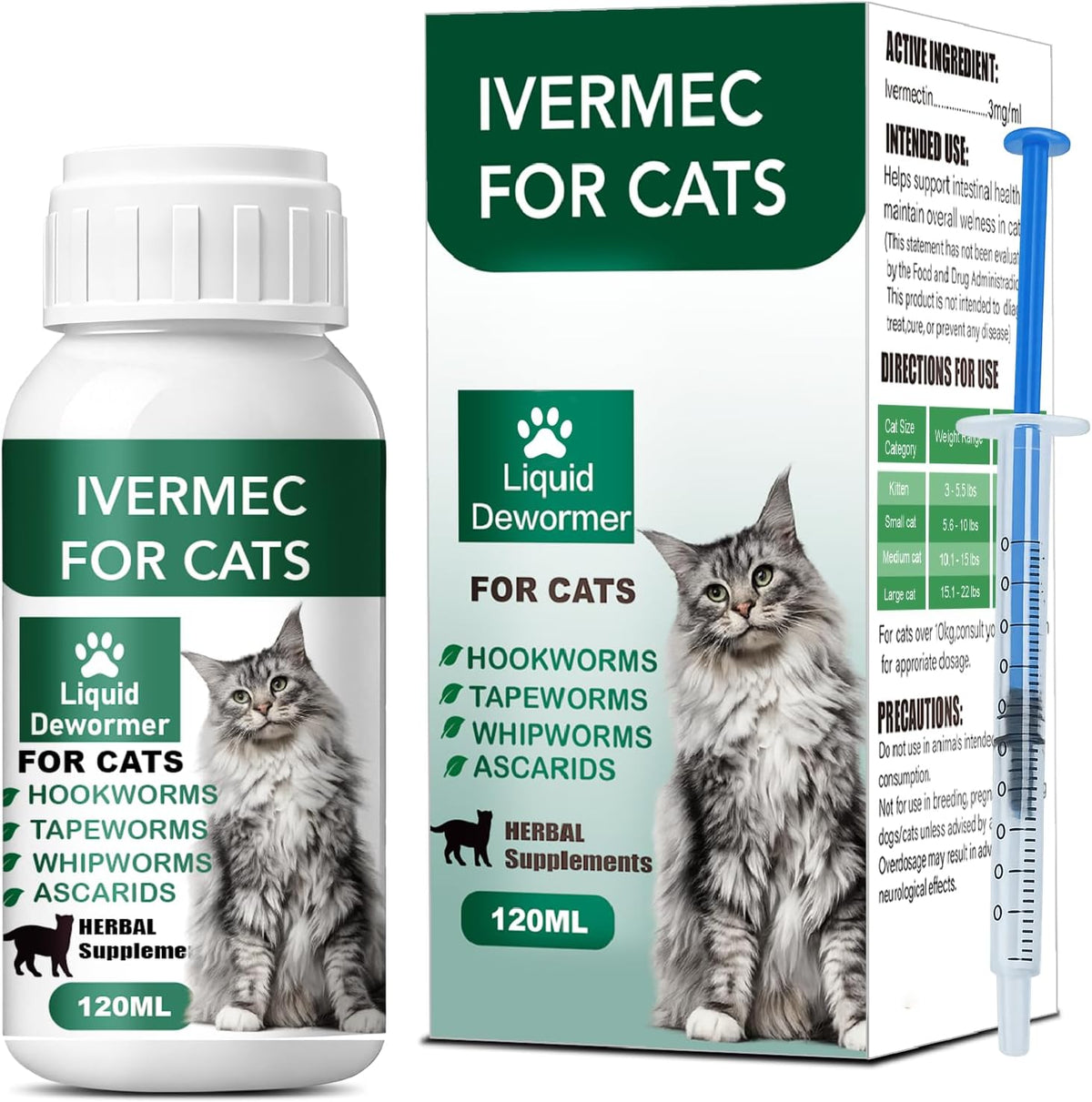 Hsl Cat Dewormer Liquid front view bottle with dosing syringe for feline parasite treatment.