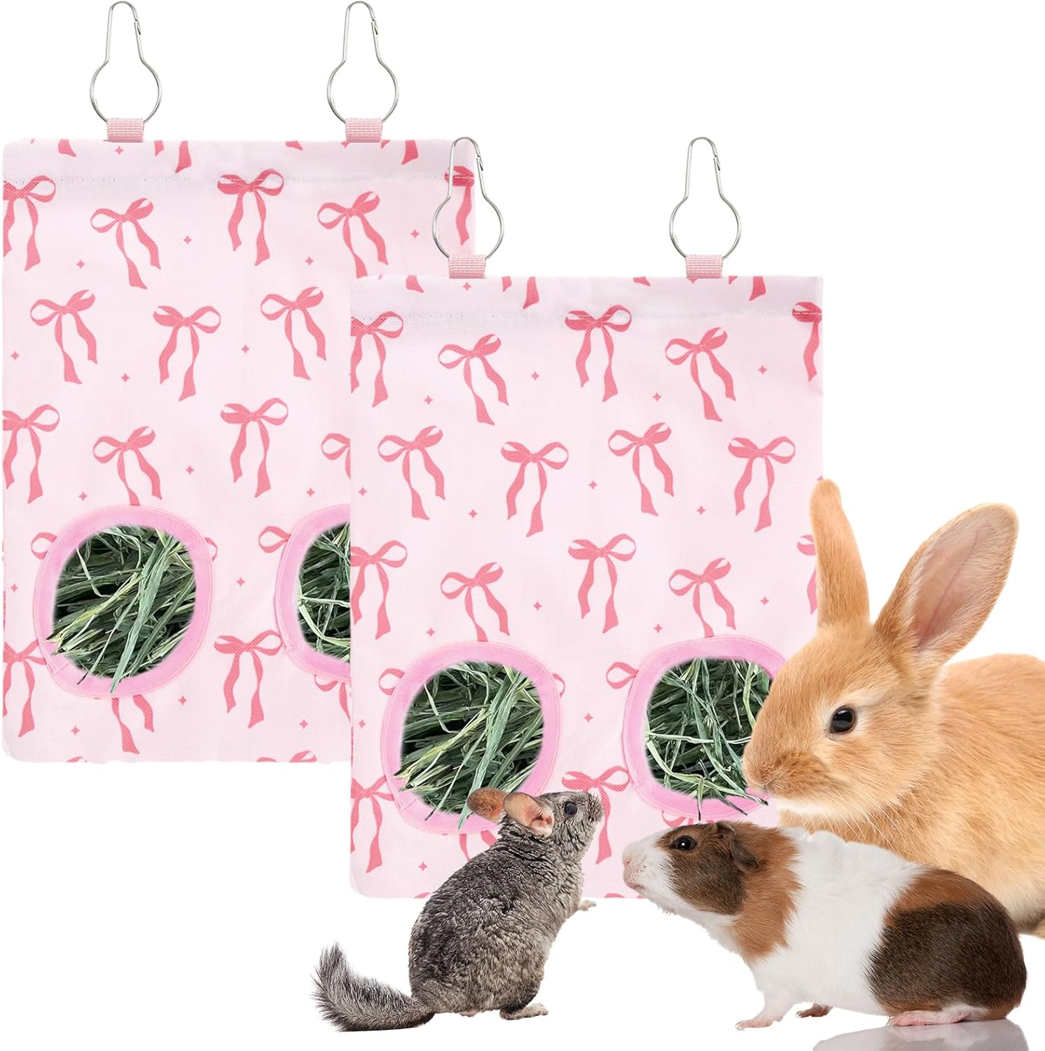 JarThenaAMCS 2Pcs Rabbit Hay Feeder Bag with 2 Holes Pink Bow Guinea Pig Hanging Hay Feeding Bag Storage Dispenser for Chinchilla Hamster Bunny Small Animal Pet - Image 1