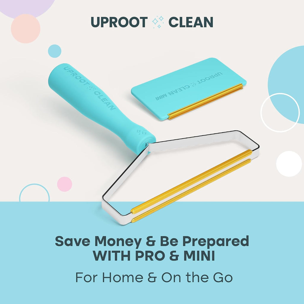 Uproot Clean Pro tool scraping hair from a grey couch