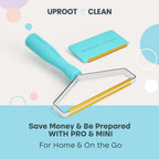 Uproot Clean Pro tool scraping hair from a grey couch