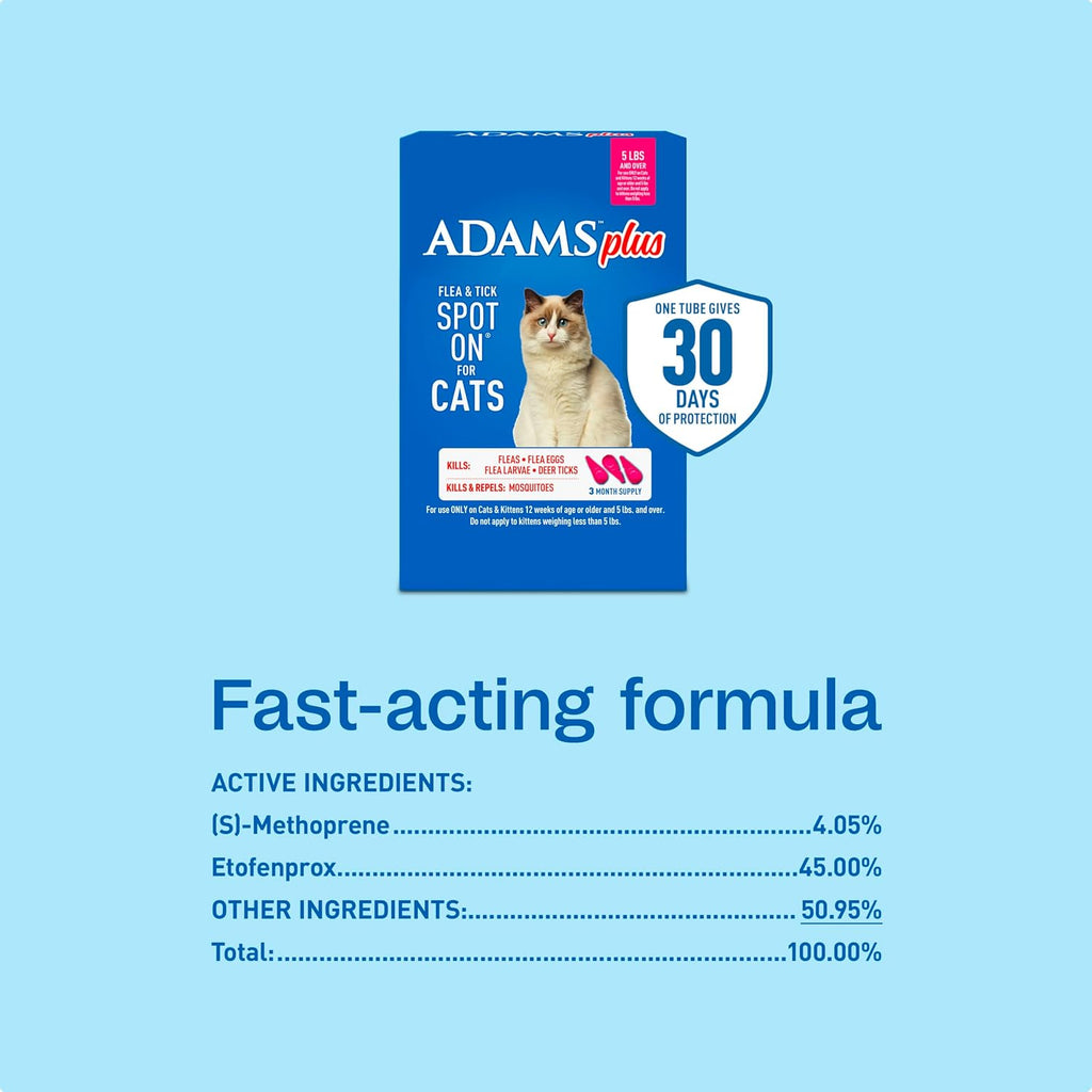 ADAMS Plus Flea and Tick Prevention Spot On for Cats, Kills Fleas & Ticks (Brown Dog/Deer Ticks), Kills and Repels Mosquitoes, Prevents Flea Infestations, 3-Month Supply, 3 Pack - Image 9