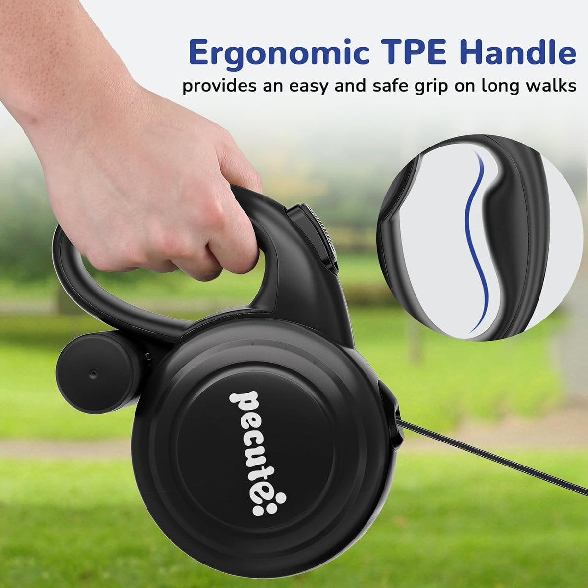Pecute retractable leash showing reflective safety feature in low light