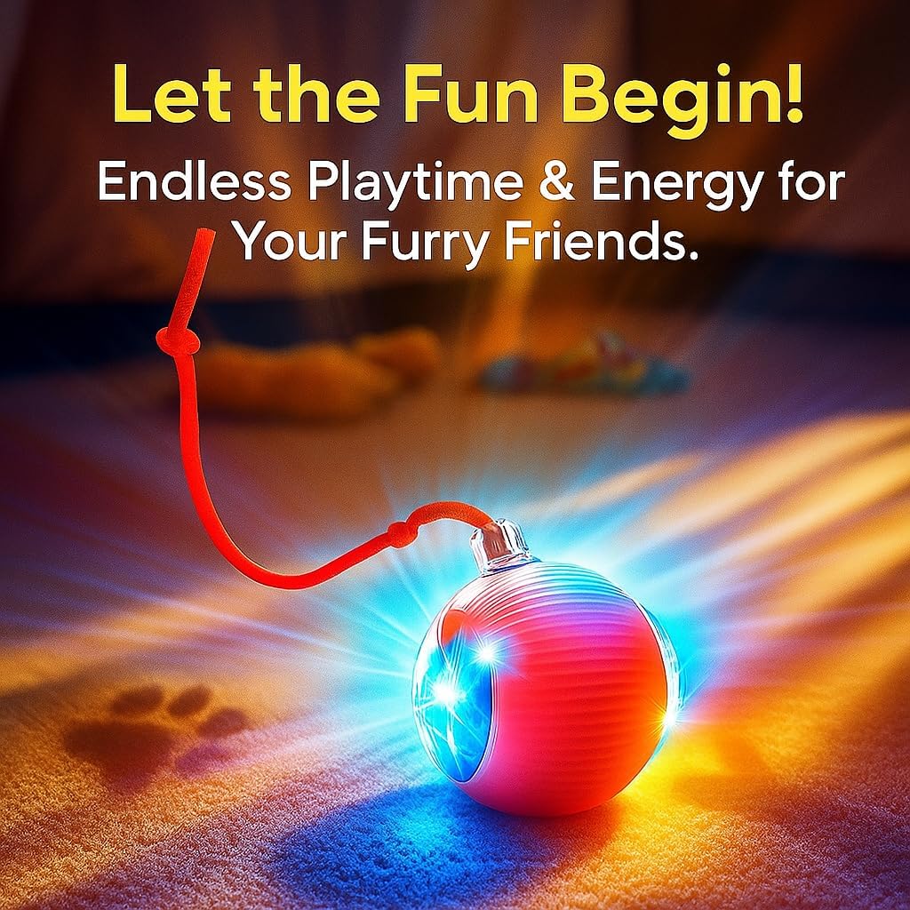 Smart rolling pet ball with tail rope in action