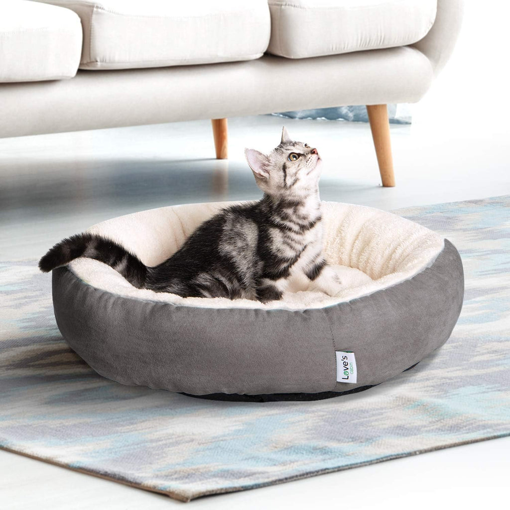 Side view of Love's Cabin gray pet bed with raised rim