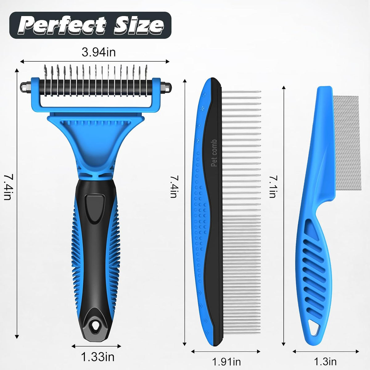 UGNEL 3-piece blue pet grooming kit neatly arranged to show complete undercoat maintenance tools