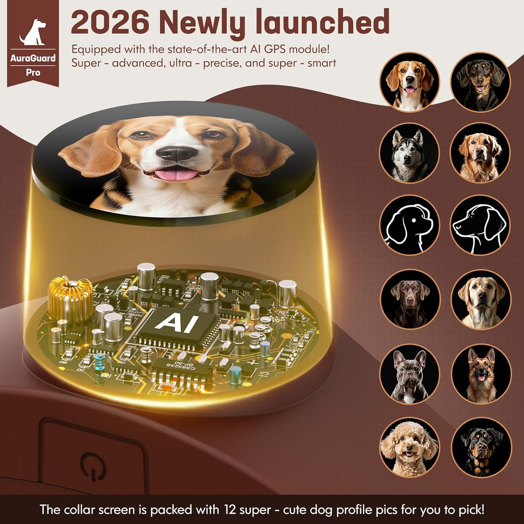 Brown electric dog training collar with dual core GPS module interface display