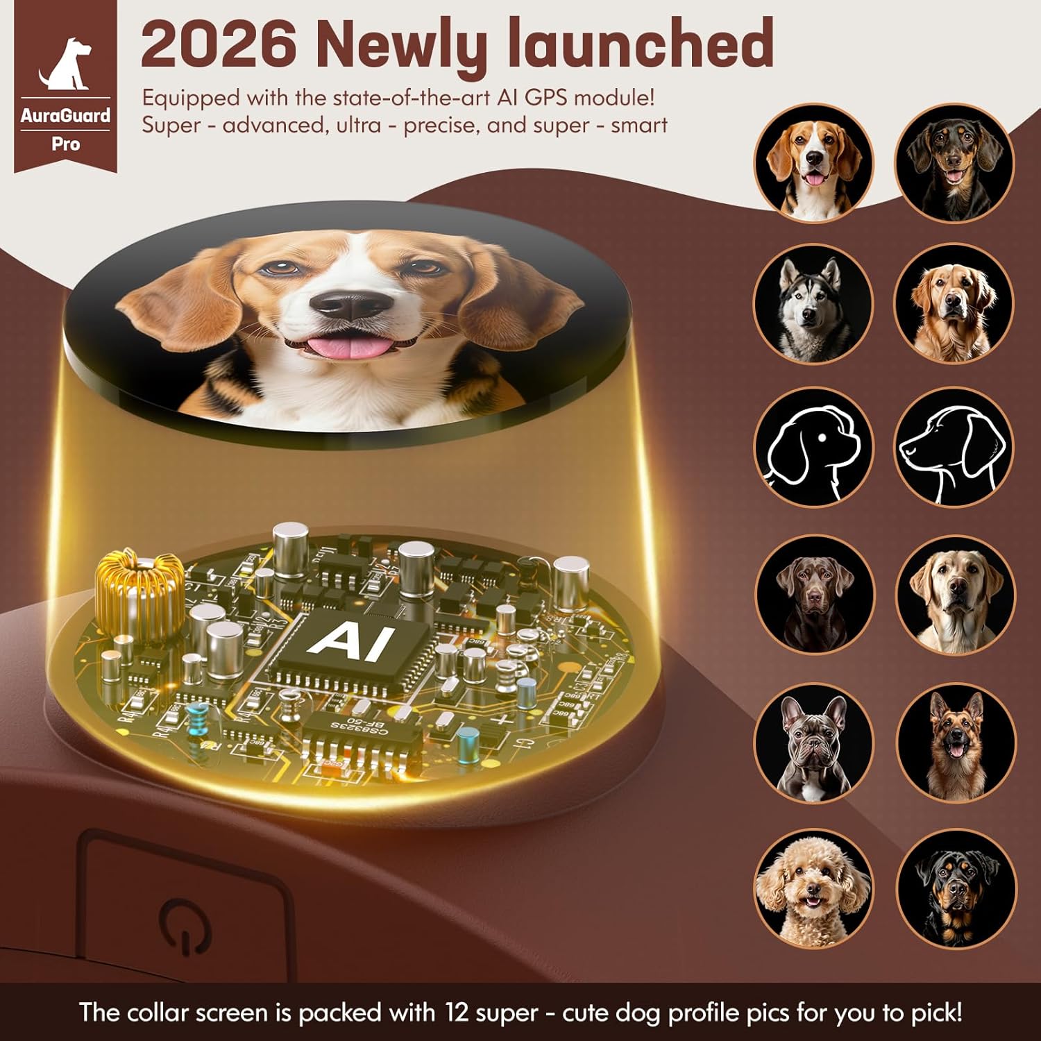 Brown electric dog training collar with dual core GPS module interface display