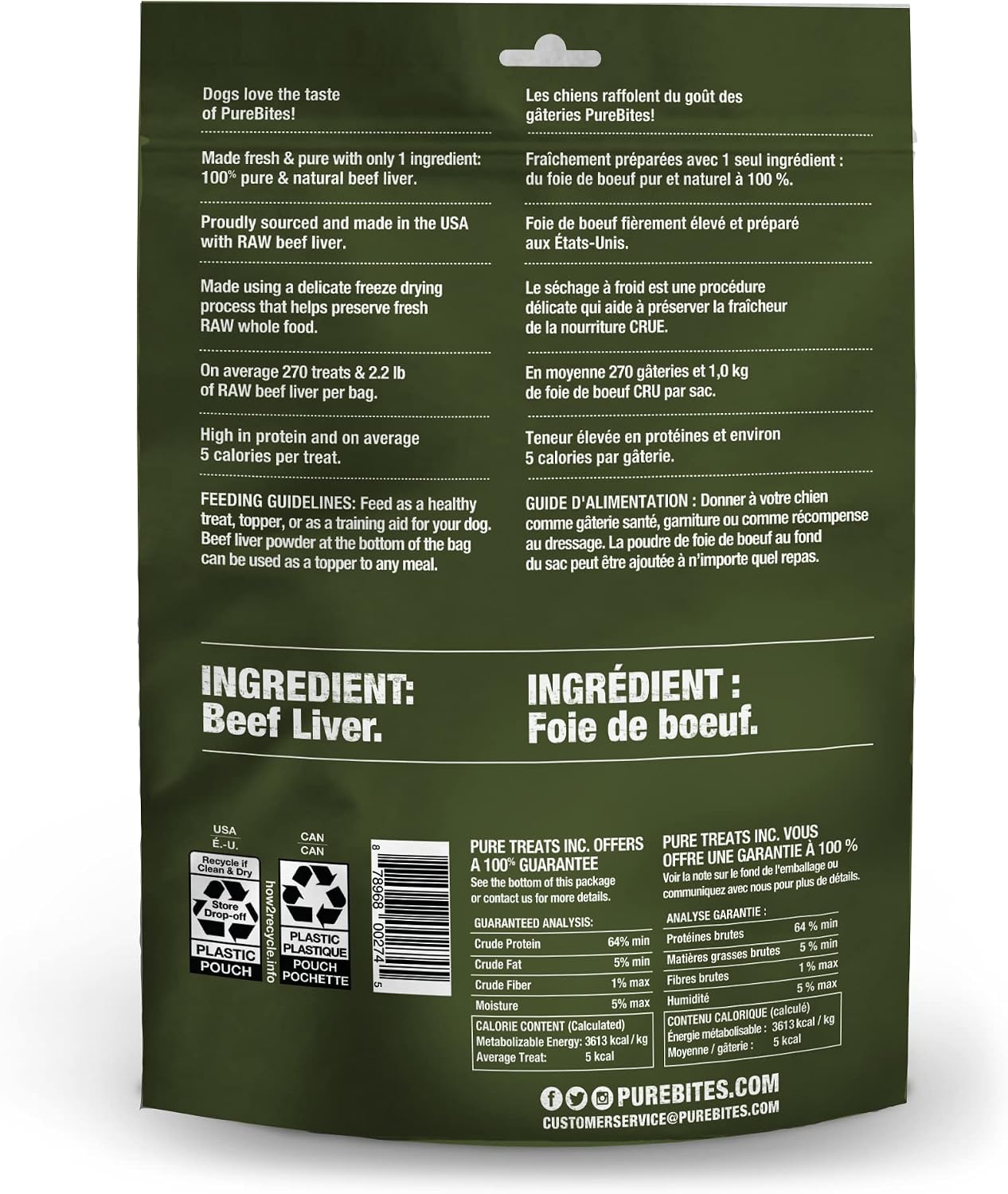 PureBites single ingredient raw beef liver pet treats bag display