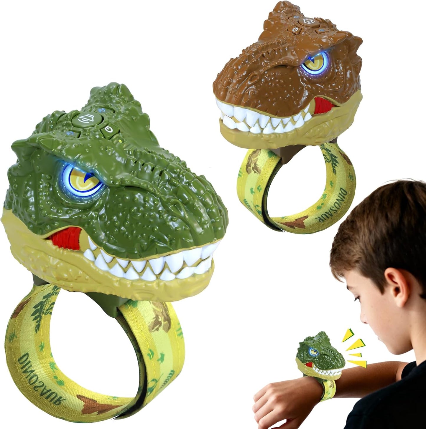 Vvinca Dinosaur Walkie Talkies for Kids 2 Pack front view of jungle green and earthy brown wearable watches