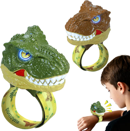 Vvinca Dinosaur Walkie Talkies for Kids 2 Pack front view of jungle green and earthy brown wearable watches