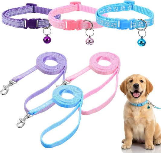 Guduling puppy collar and leash set front view showcasing blue pink and purple options with paw prints.