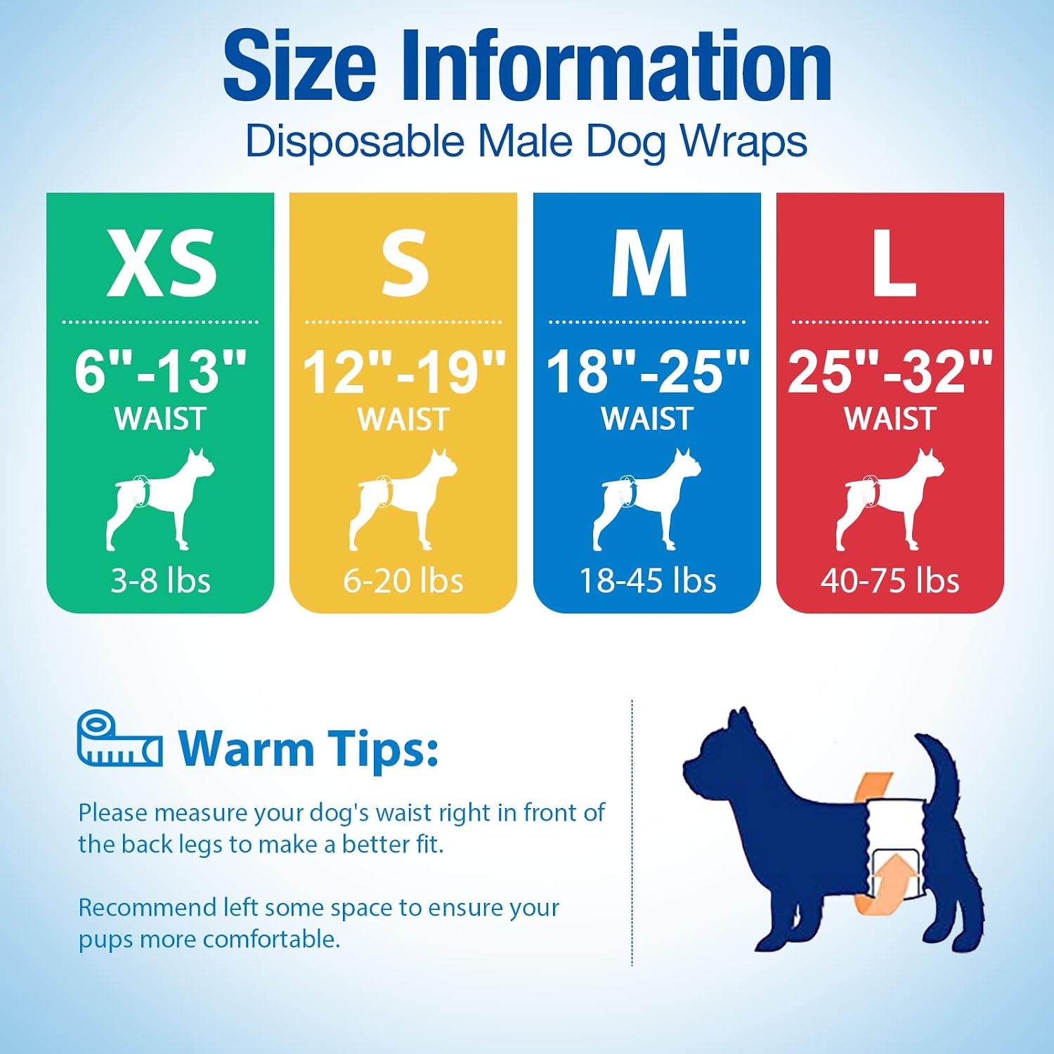 Pet Soft male dog diapers sizing guide graphic highlighting the elastic waist stretch