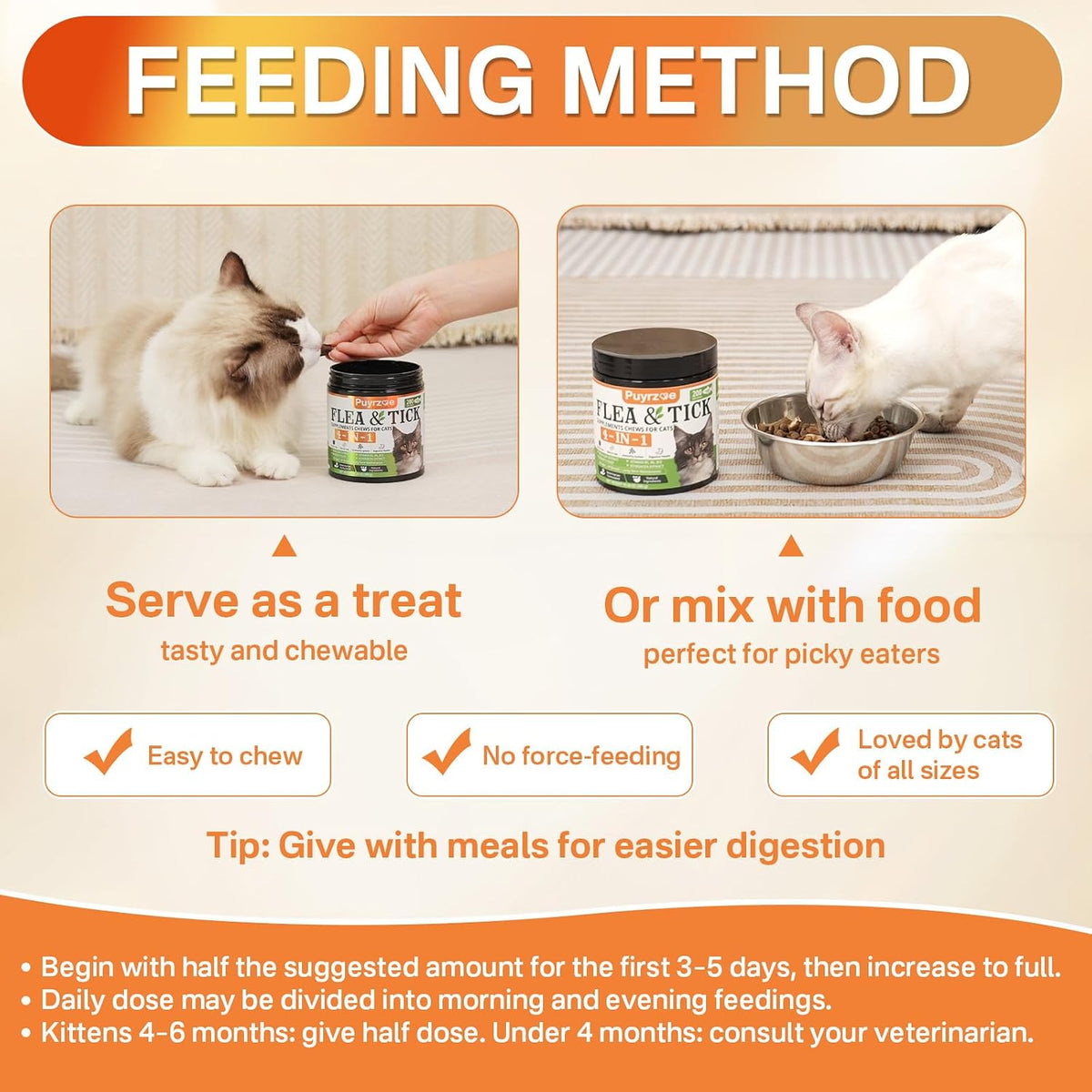 Close up of the USA imported Puyrzoe cat chewable supplement container focusing on the 6 strain probiotic blend.
