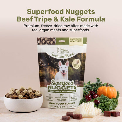 Badlands Ranch dog food topper being sprinkled on kibble
