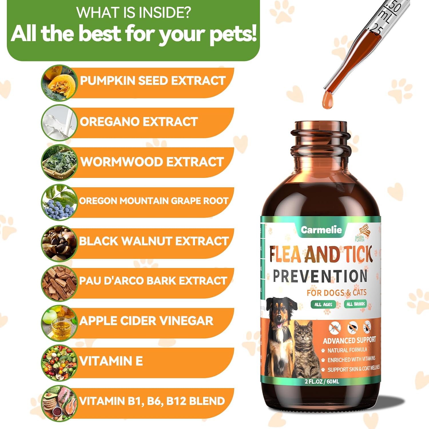 Carmelie natural dog flea and tick defense liquid supplement dropper detail