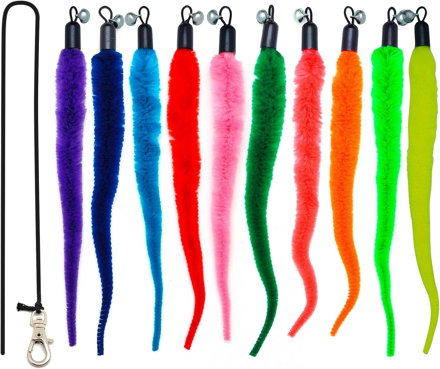 Assorted styles of durable cat wand attachments designed to encourage healthy indoor pet exercise.