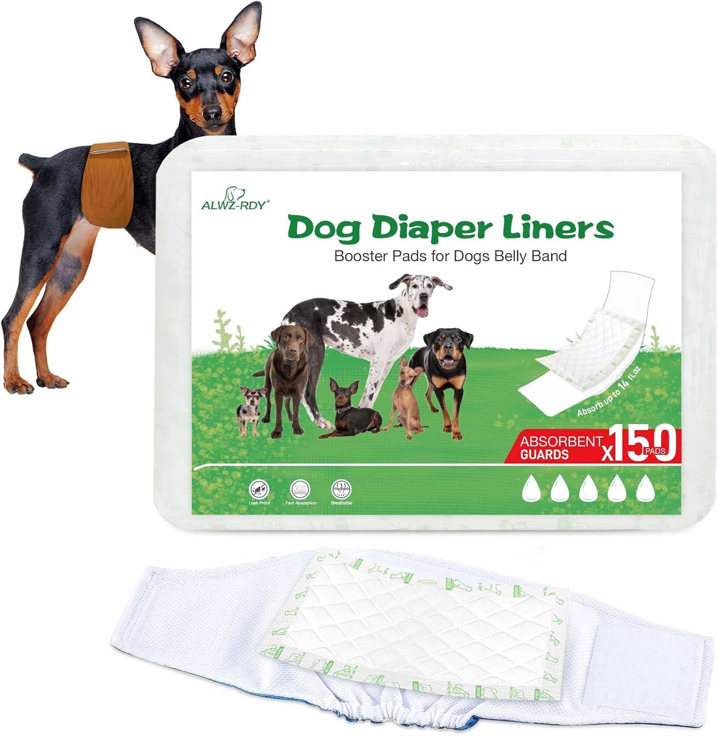 VoagLuk ALWZ-RDY dog diaper liners 150 count box package front view showing high absorbency features.